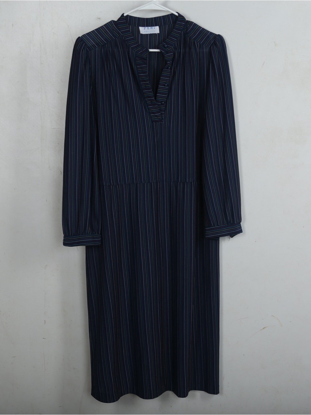 Navy Striped Long-Sleeve Midi Dress